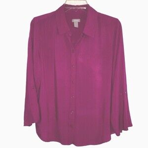 CHICO'S sz M sz 1 Fuchsia Solid Pink Roll Tab Sleeve Button Tunic Blouse